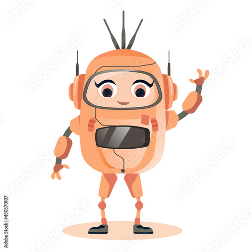 Cute little robot girl in costume on white background. Smiling robotic female character with antennas pulling out of head. Flat cartoon vector illustration