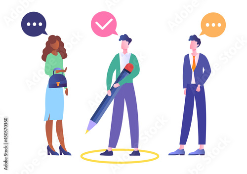 Male character is drawing a line around himself with a neon yellow highlighter. People with speech bubbles. Concept of virus spread prevention, personal boundaries. Flat cartoon vector illustration