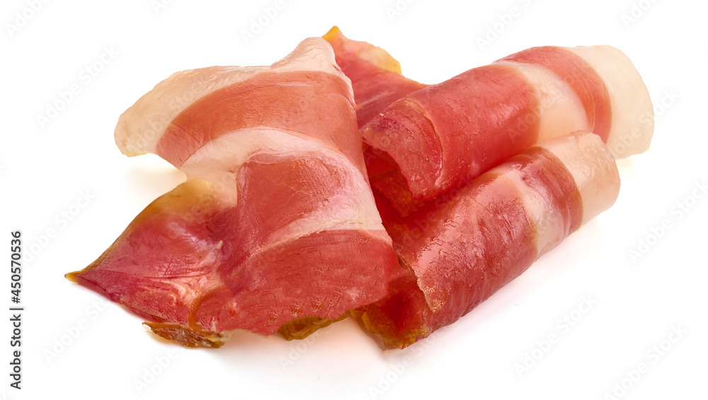 Jamon serrano. Traditional Spanish ham, isolated on white background.