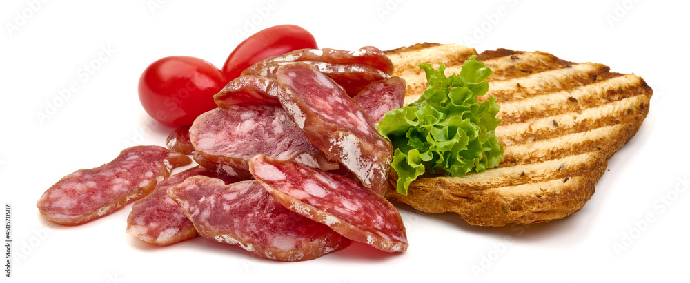 Fuet sausage sandwich, isolated on white background. High resolution image. Fuet sausage sandwich, isolated on white background. High resolution image.