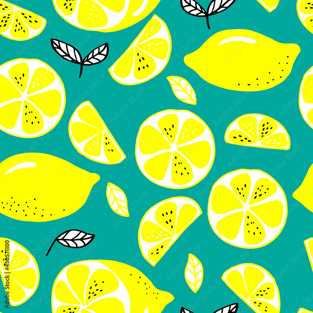 vector seamless pattern lemons and sliced lemons on a pastel background