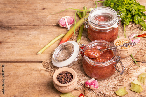 Chutney from rhubarb. Set of ingredients and spices for cooking