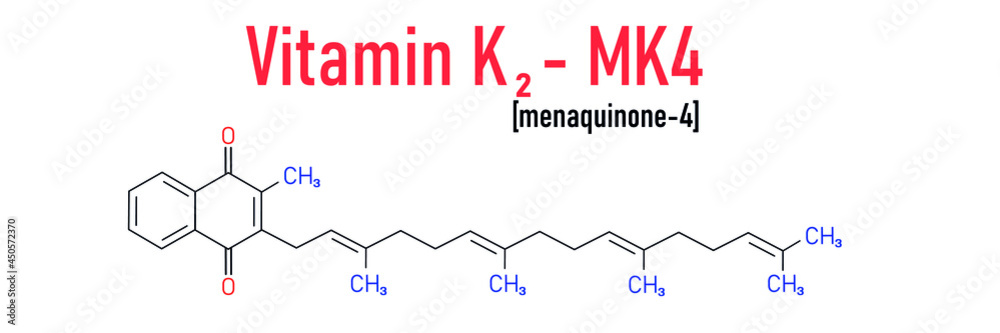 Vitamin K2 or menaquinone molecule. Skeletal formula. Menaquinone-4. MK4. Menachinon
