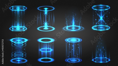 Futuristic hologram portal, magic teleport or level up effect. Glowing neon circle with light sparkles for game. Digital podium vector set