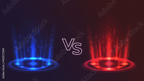 Red versus blue glowing hologram podiums for game battle. Realistic vs competition with light effect. Magic portals for fight vector concept