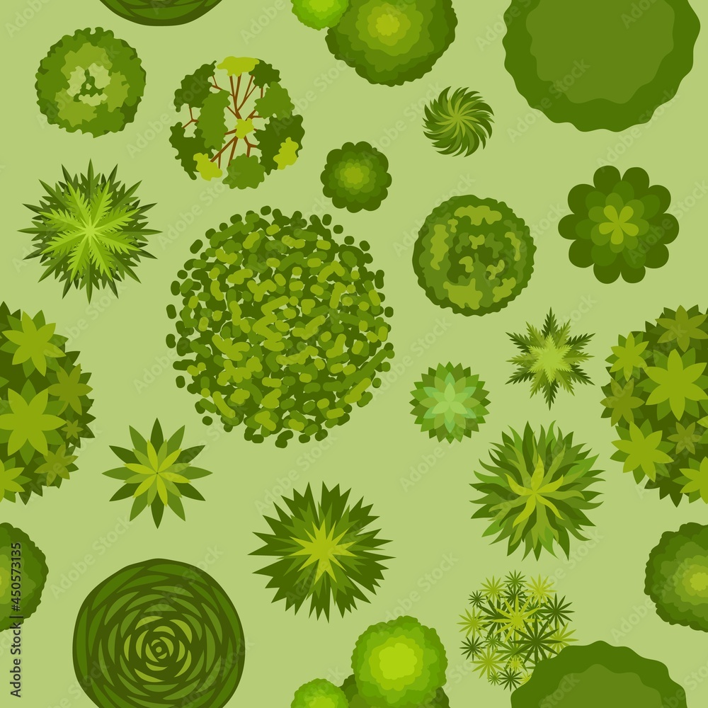 Forest landscape with trees top view seamless pattern. Map plan with bush and tree plants. Green park or garden aerial scheme vector texture