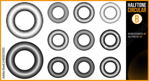 Set of halftones in a circular shape with different patterns such as lines, concentric lines, points, squares, Useful as a design resource in projects where you want to give a vintage touch.