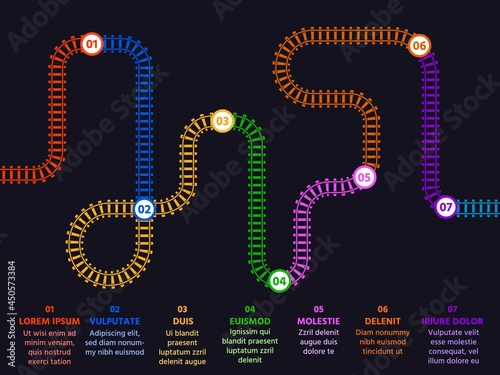 Steps or options infographic with railway track map and numbers. Presentation with flat railroad line. Business plan vector concept template