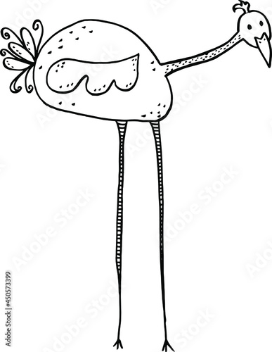 vector bird ostrich stork in childish style with long legs and neck dots. Hand drawing