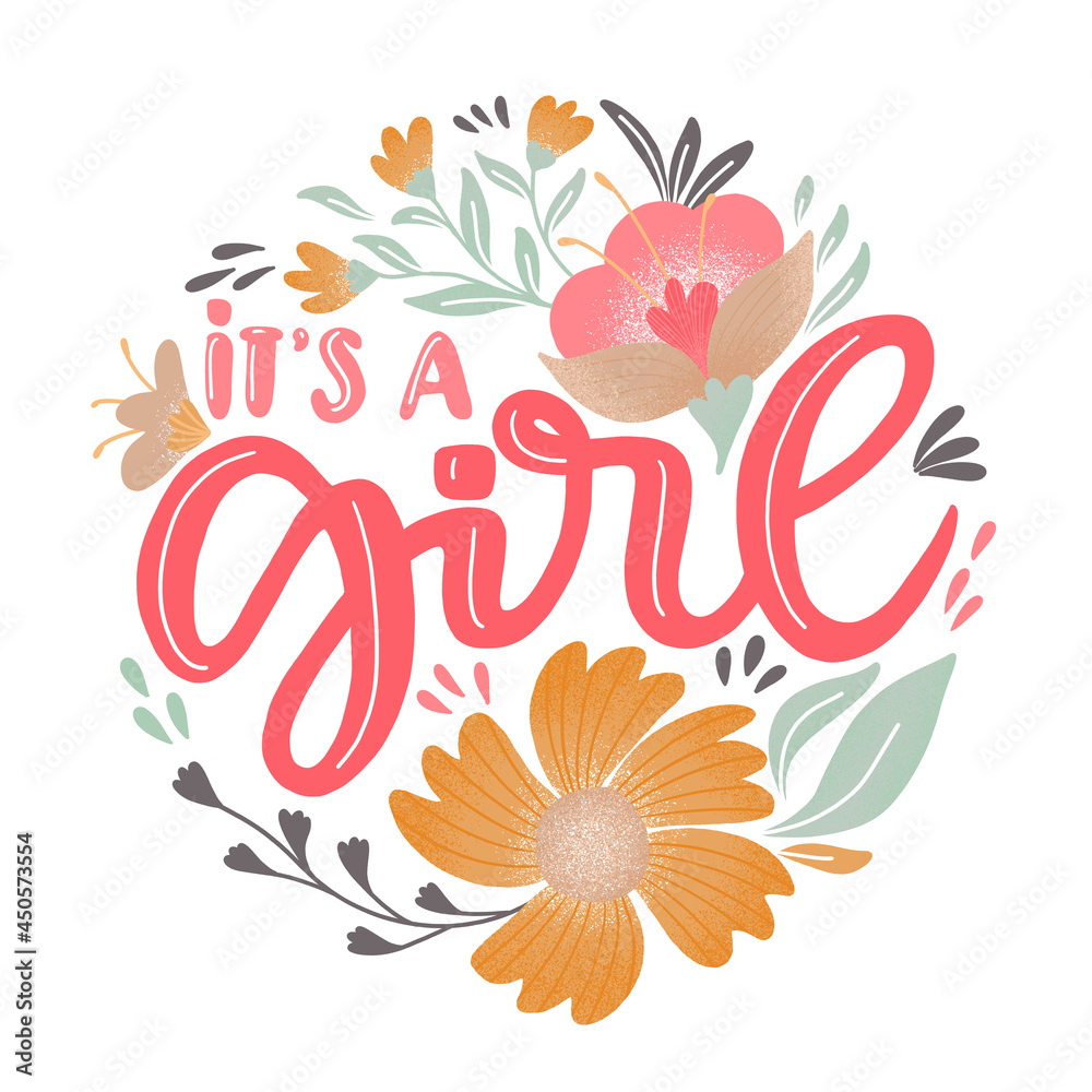 It's a Girl Lettering Illustration with Floral Design for Cards ...