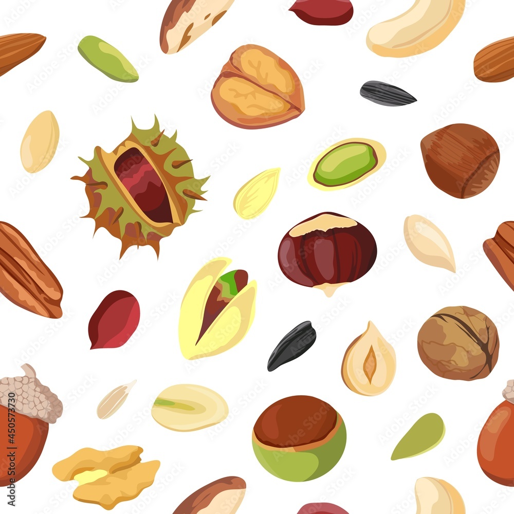 Cartoon dry nut and seed mix seamless pattern. Print with peanut, walnut, hazelnut, pecan and pistachio. Organic vegan snack vector texture Cartoon dry nut and seed mix seamless pattern. Print with peanut, walnut, hazelnut, pecan and pistachio. Organic vegan snack vector texture