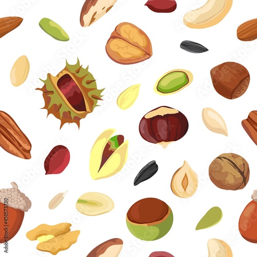Cartoon dry nut and seed mix seamless pattern. Print with peanut, walnut, hazelnut, pecan and pistachio. Organic vegan snack vector texture
