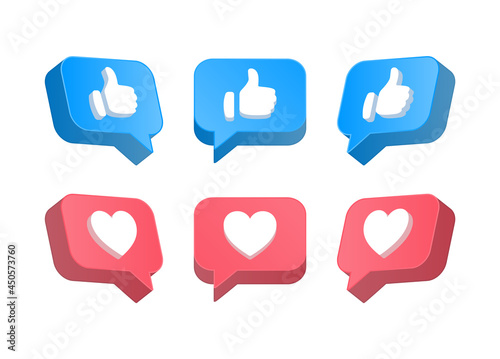 Social media notification icons in 3d speech bubbles like love icon