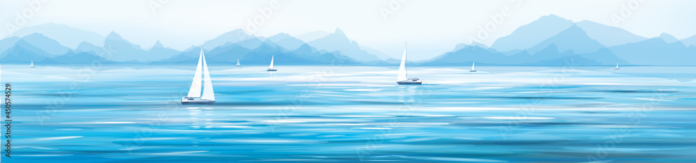 Fototapeta premium Vector blue sea view and yachts.