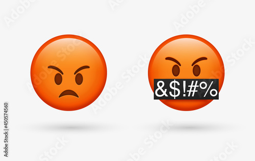 3d Red Angry emoji Face, emoticon Face with Symbols Over Mouth, Serious Face with Symbols Covering Mouth, red mad, Grumpy, angry emotion, Swearing, Grawlix, Cussing, Cursing character	 photo