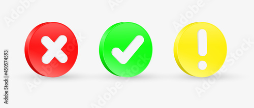 3d check mark icon with exclamation button - correct and incorrect sign or green tick and red cross 