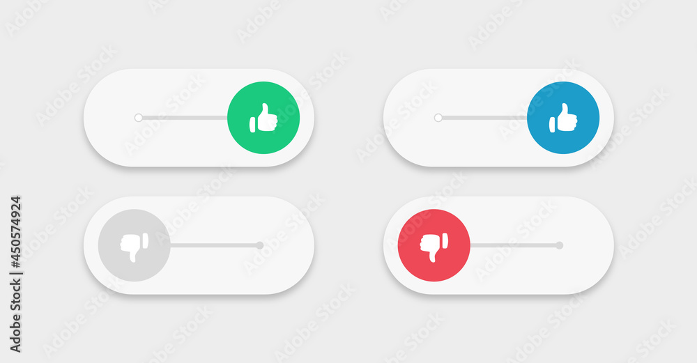 On and Off toggle switch buttons with like icon, dislike symbol - yes and no icons with blue thumbs up, red thumbs down and blue like button
