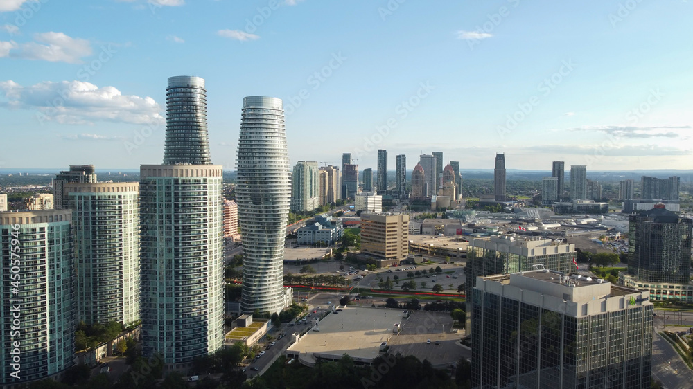 Downtown Mississauga, Ontario, Canada. The skyline as seen from an aerial view. Absolute buildings and Square One shopping mall.