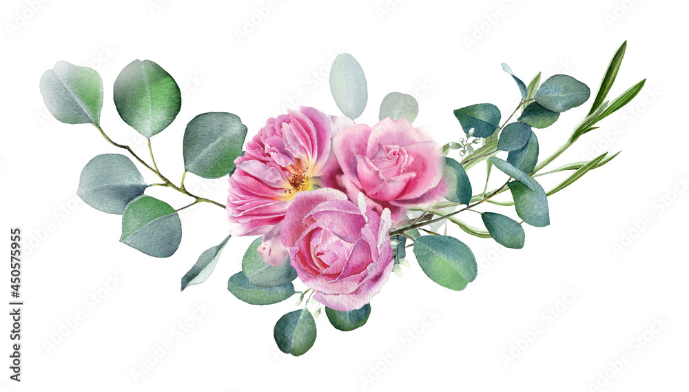 Fototapeta premium Eucalyptus branches with pink english roses. Watercolor flowers. Floral bouquet. Botanical illustration for greeting card, invitation, wedding design, poster, web project, logo etc.