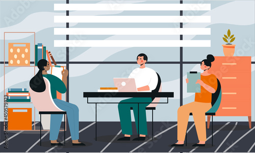 Group of male and female characters attending business meeting together. Concept of business people in office, planning, workflow, time management and presentation. Flat cartoon vector illustration