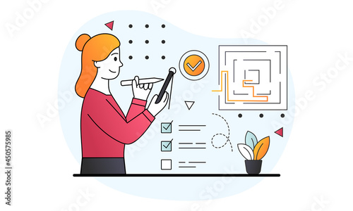 Female character searching for labyrinth exit plan and drawing navigation path line from question to answer. Business solution as messy maze solving skill or strategy. Flat cartoon vector illustration