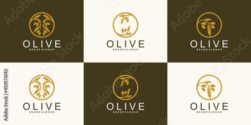 Set of creative olive oil tree logo design with modern leaf shape Premium Vector