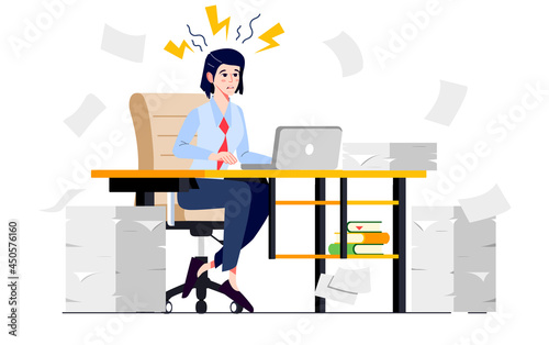 Woman stressed at work. Exhausted and sick office worker overloaded with work. Worried businessman suffering from headache. Emotional and professional burnout syndrome concept. Vector Illustration.