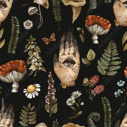 Woodland treasures seamless pattern, green witch hand with all seeing eye, Amanita mushroom photo