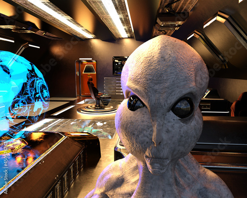 Illustration of a deformed grey alien standing on the bridge of a spaceship.