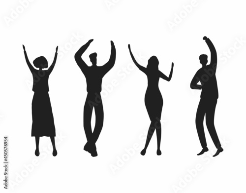 Happy people are dancing. Black silhouettes of men and women on a white background. Vector illustration