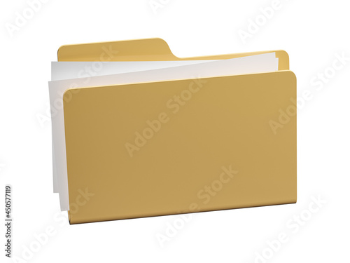 Yellow folder and white papers. Icon isolated on white background, 3D illustration.