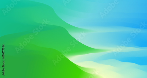 Abstract landscape of green rocks on a sunny summer day. Hills and meadows at the seaside, calm ocean water. 