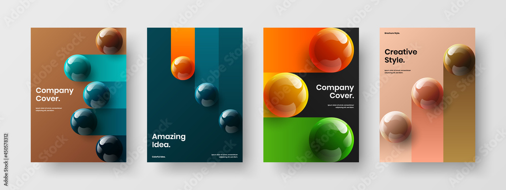 Amazing book cover A4 vector design layout set. Bright 3D spheres postcard concept composition.