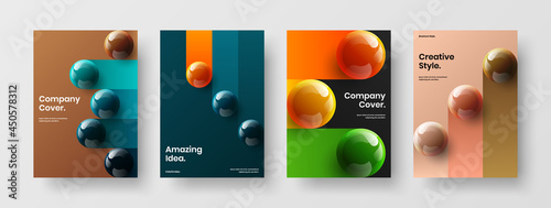 Amazing book cover A4 vector design layout set. Bright 3D spheres postcard concept composition. © kitka