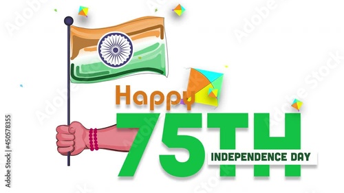 Happy 75th Independence Day of India. 15 August Celebration with waving flag in hand photo