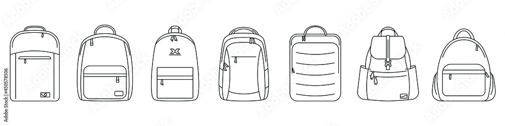 Backpack icon. Vector illustration. Set of black linear backpack icons. Isolated backpack icons - obrazy, fototapety, plakaty 