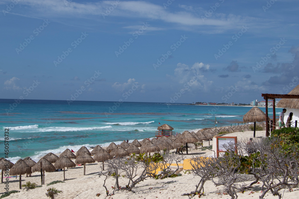 Playa con sargazo en Cancún, agua verde, mar con sargazo, playa del caribe 