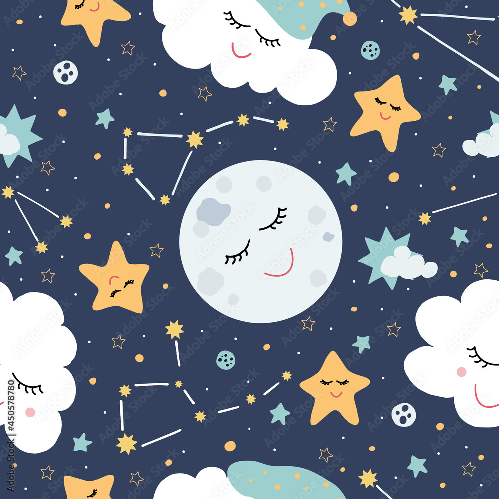 Seamless pattern with the Moon,Clouds and stars on a dark   Children's  use for textiles, bed linen, children's   illustration in the cartoon style Stock Vector | Adobe Stock