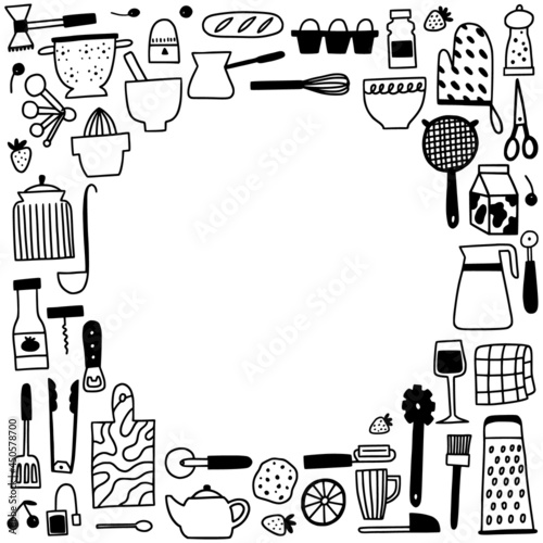 Kitchen utencils and cutlery frame. Doodle outline cooking and baking square border. Cute hand drawn culinary tools and food. Tiny icon illustrations for kitchen graphic design.