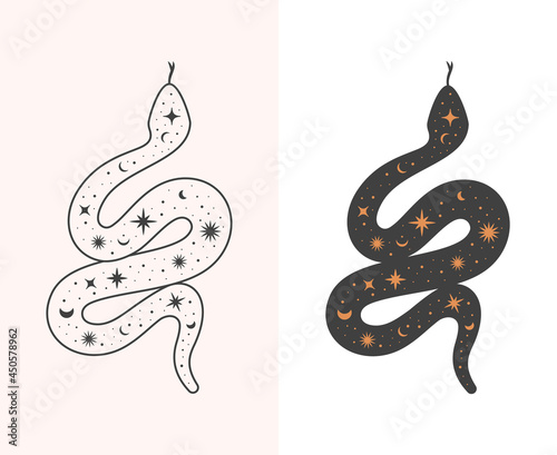 Boho snake icon. Mystic tattoo illustration in 2 versions.