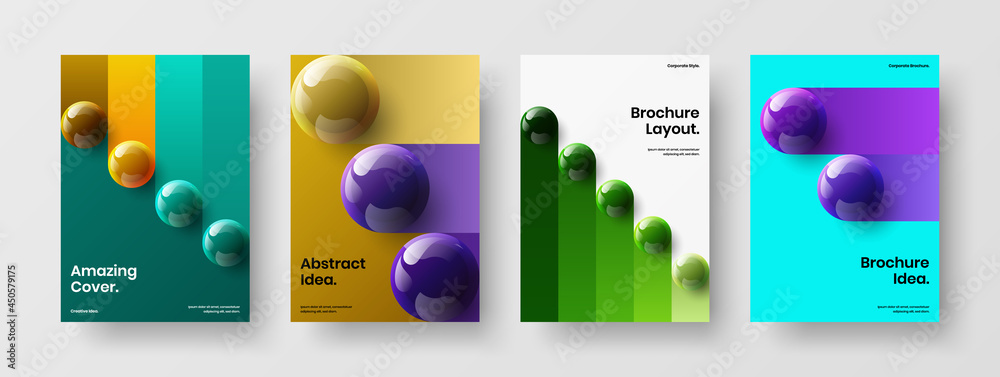 Minimalistic 3D balls corporate brochure concept bundle. Multicolored book cover A4 vector design layout collection.