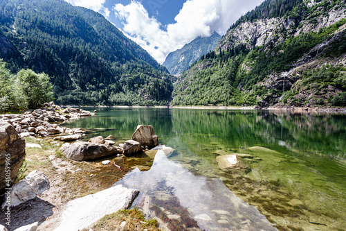 Fototapeta Naklejka Na Ścianę i Meble -  Lake Antrona is a natural lake near the homonymous town, in the province of Verbano-Cusio-Ossola. Antrona Valley, Piedmont, Italy