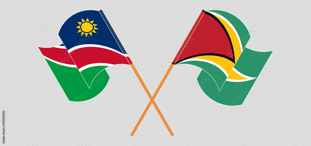 Crossed and waving flags of Namibia and Guyana Crossed and waving flags of Namibia and Guyana