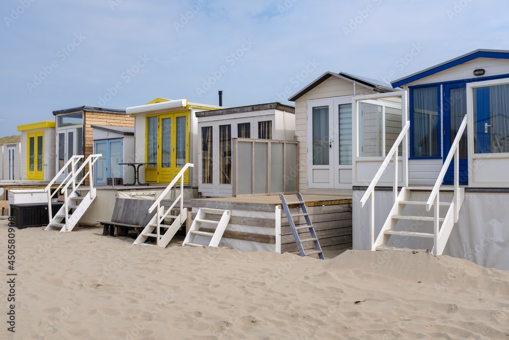 Beach houses on the beach of Wijk aan Zee, Noord-Holland Province, The Netherlands