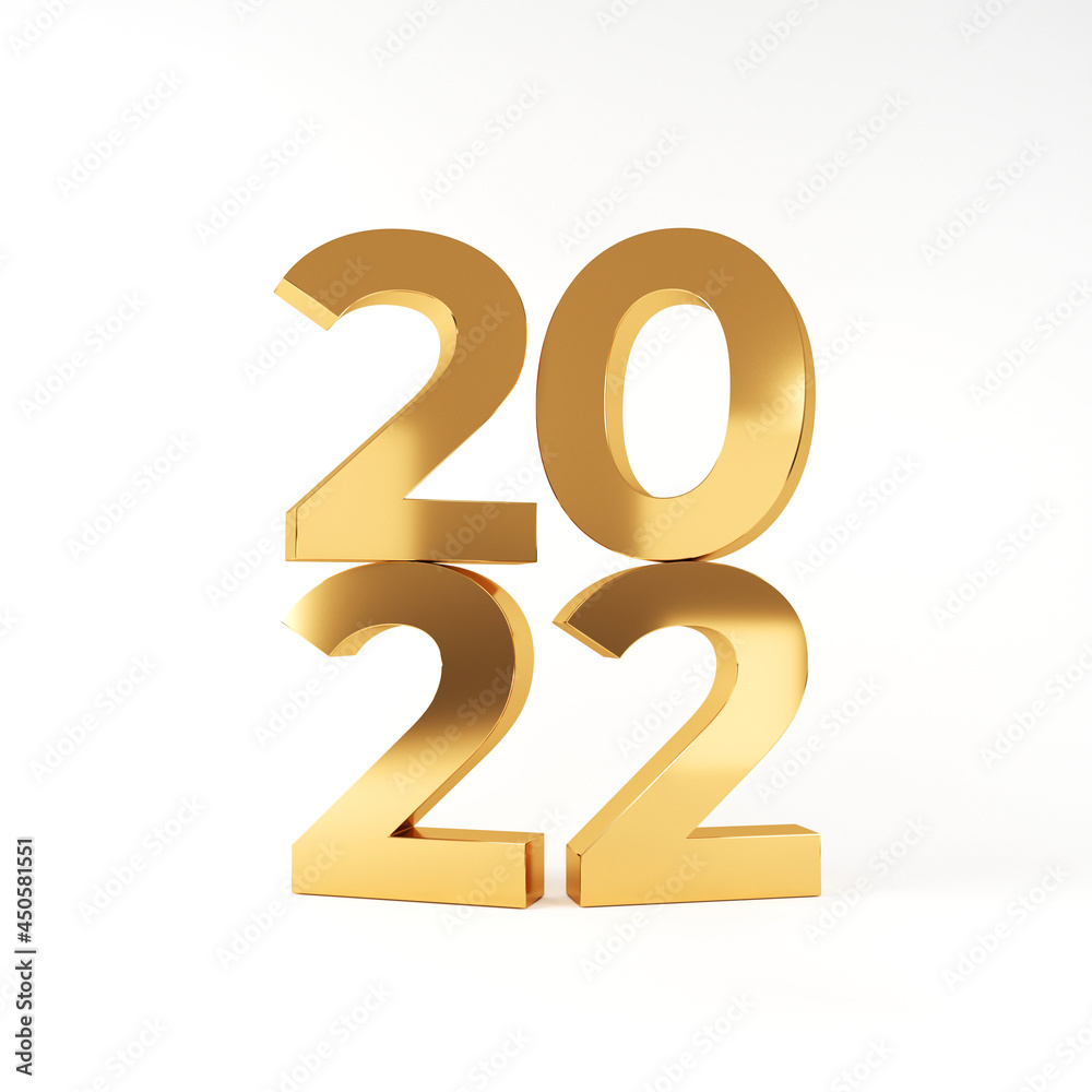 2022 Happy New Year. Golden numbers, 3d render illustration. 2022 Happy New Year. Golden numbers, 3d render illustration.