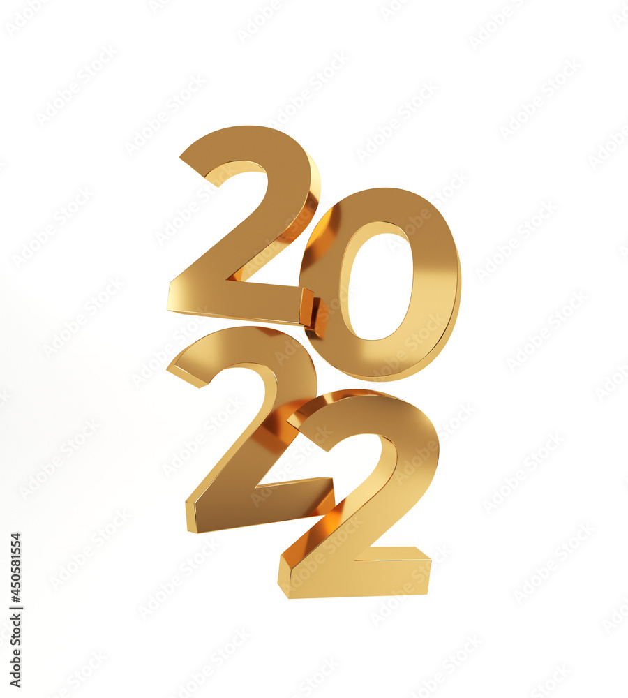 2022 Happy New Year. Golden numbers, 3d render illustration. 2022 Happy New Year. Golden numbers, 3d render illustration.