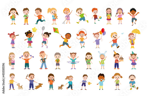 Collection of cartoon illustrations with children's performing different actions. Colorful kids characters.