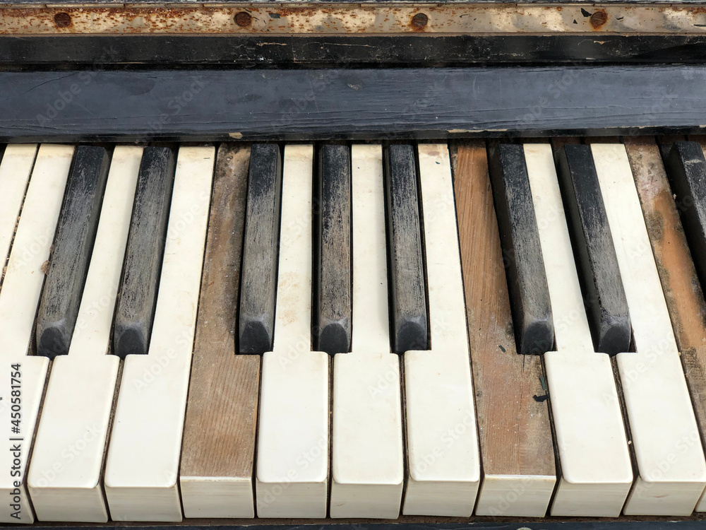 Closeup of black and white piano old keys and wood grain with sepia tone. vintage Background for creative design Closeup of black and white piano old keys and wood grain with sepia tone. vintage Background for creative design