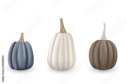 Pumpkin of various shapes and colors. Thanksgiving day design element. Blue and beige colored Modern halloween symbol and decoration. 3d realistic vector illustration isolated on white background.