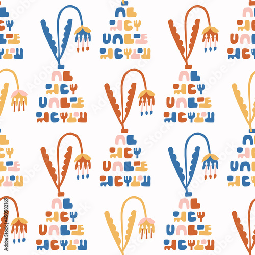 Abstract playful color style cut out shape pattern. Seamless modern simple lino cut style design for retro kids all over print. Trendy geometric home decor, kid fashion, wallpaper in vector repeat. 